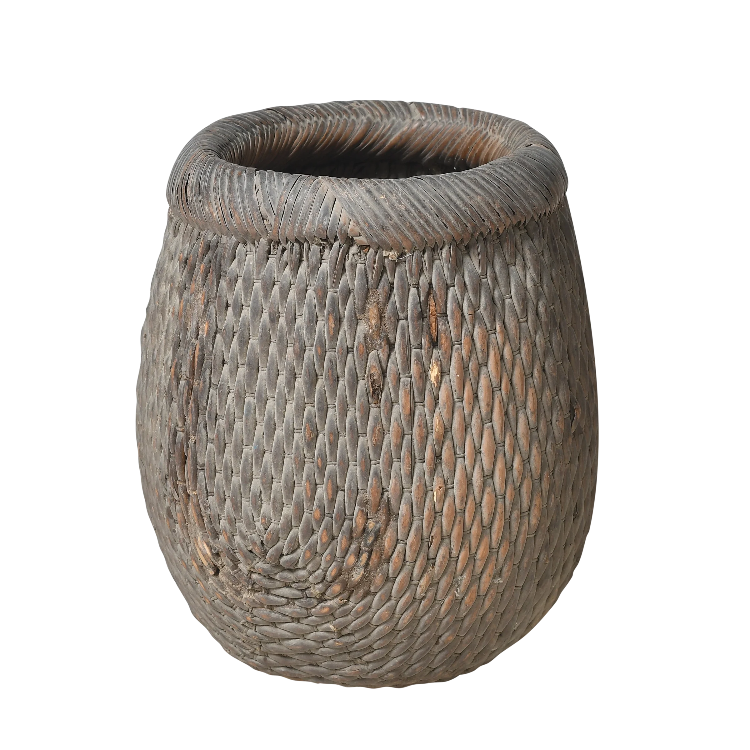 Antique round reed basket with dark patina and rolled rim, China.