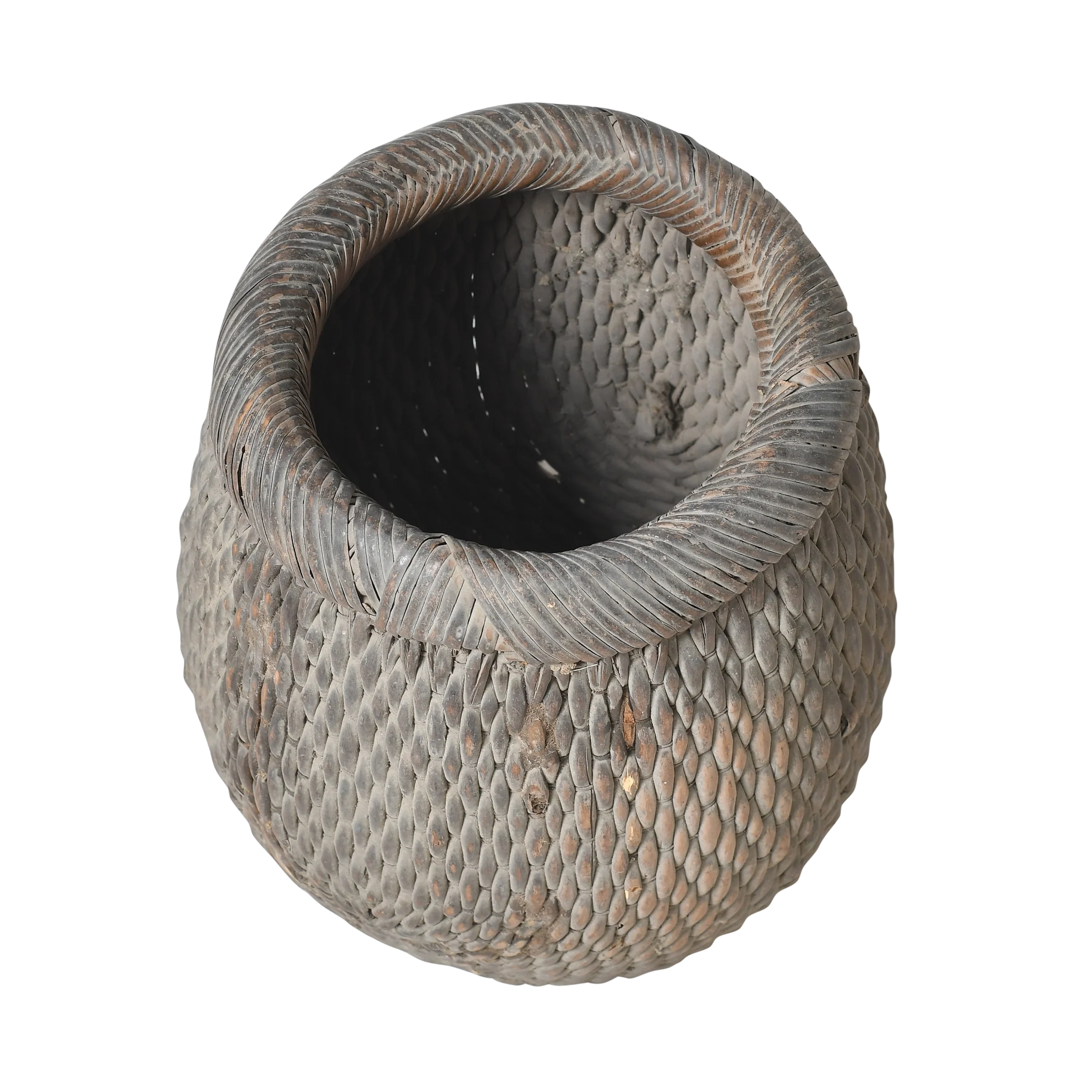 Antique round reed basket with dark patina and rolled rim, China.