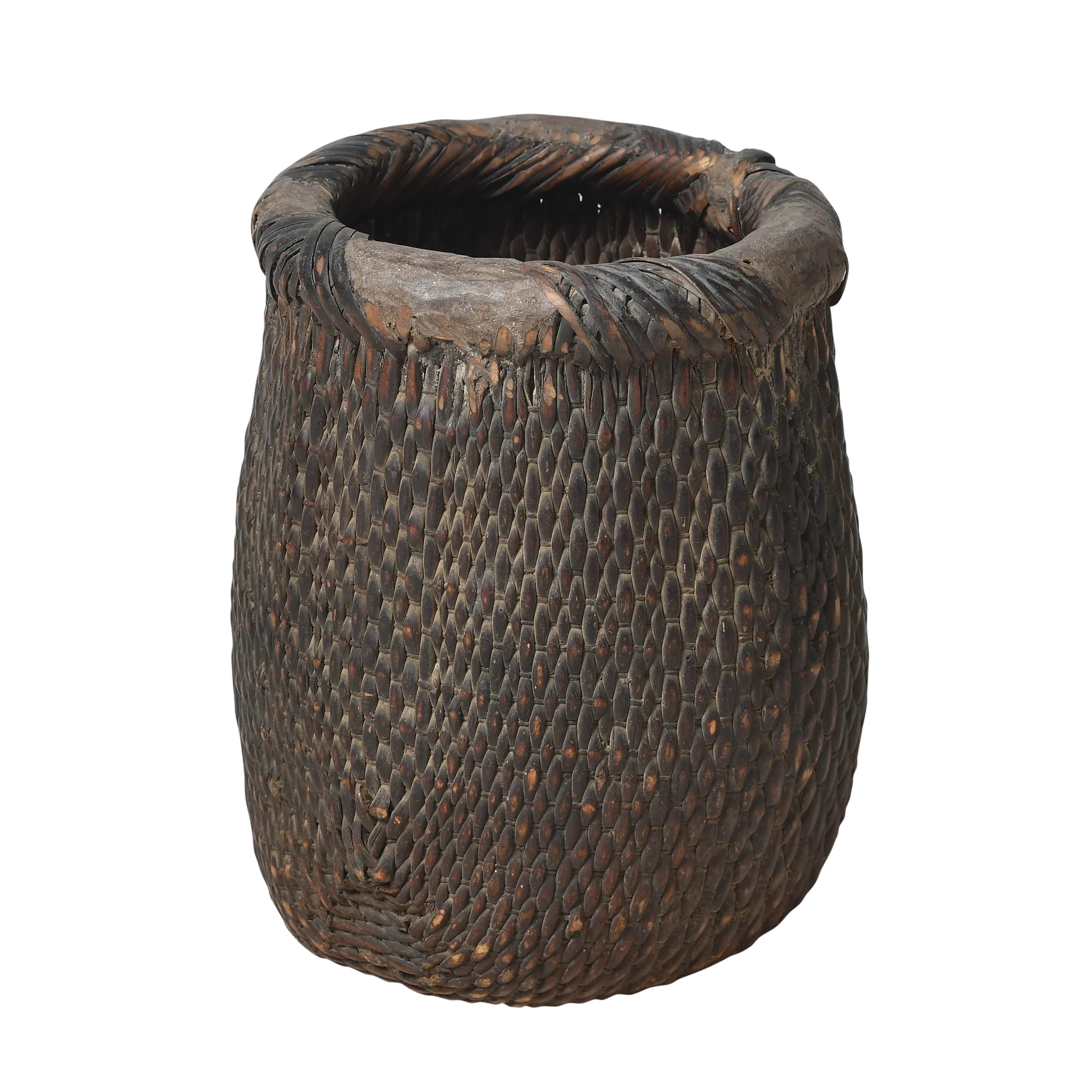 Antique round reed basket with dark patina and rolled rim, China.