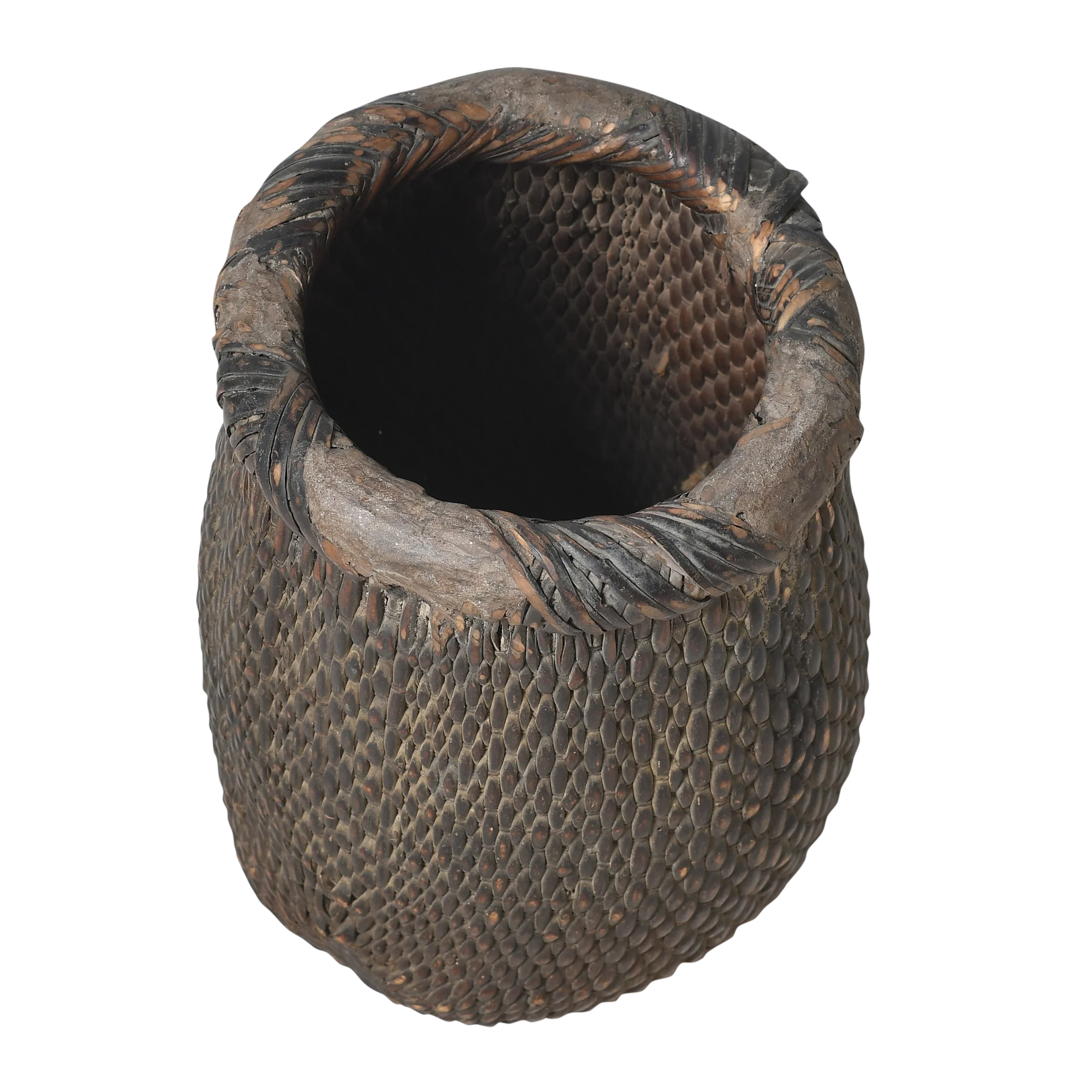 Antique round reed basket with dark patina and rolled rim, China.