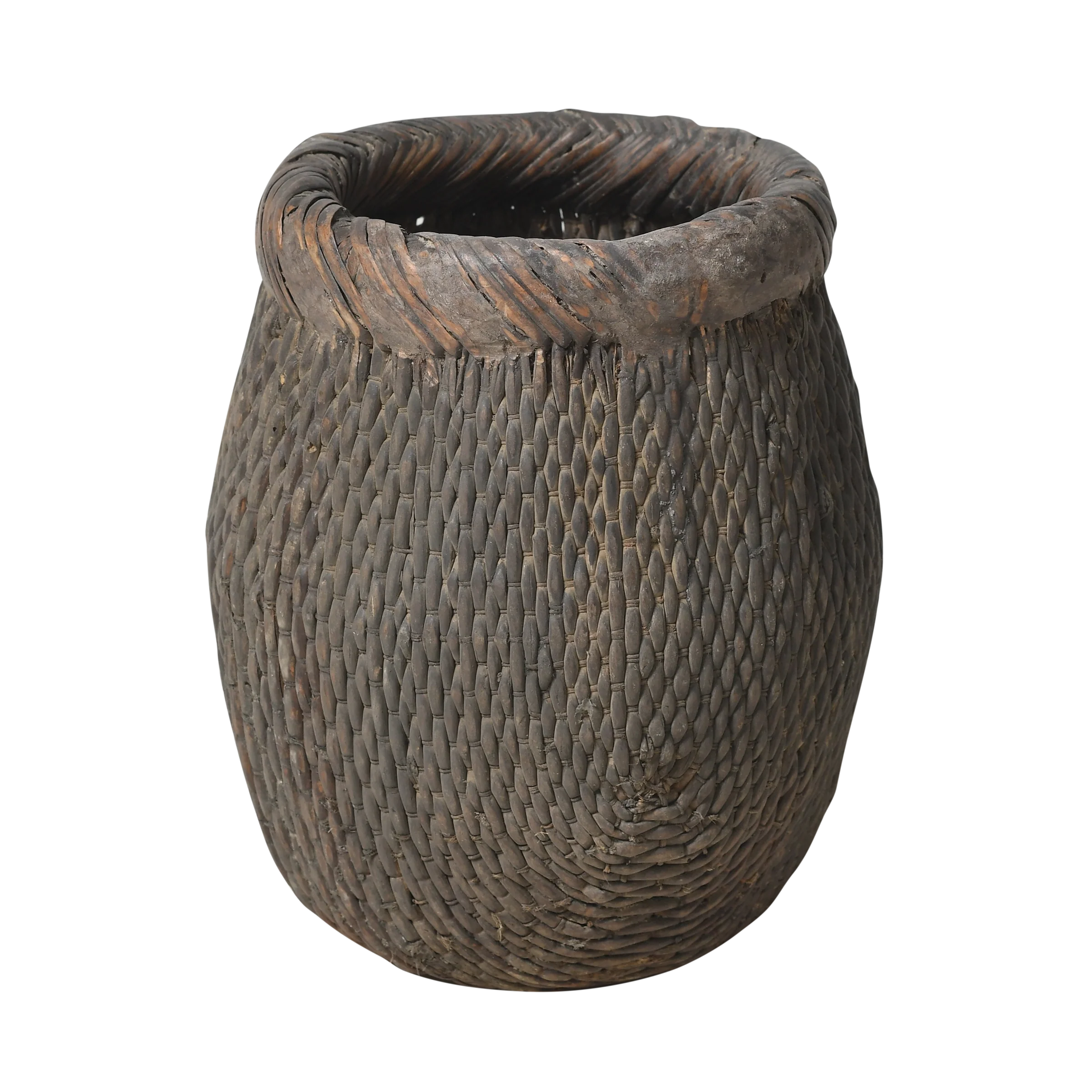 Antique round reed basket with dark patina and rolled rim, China.