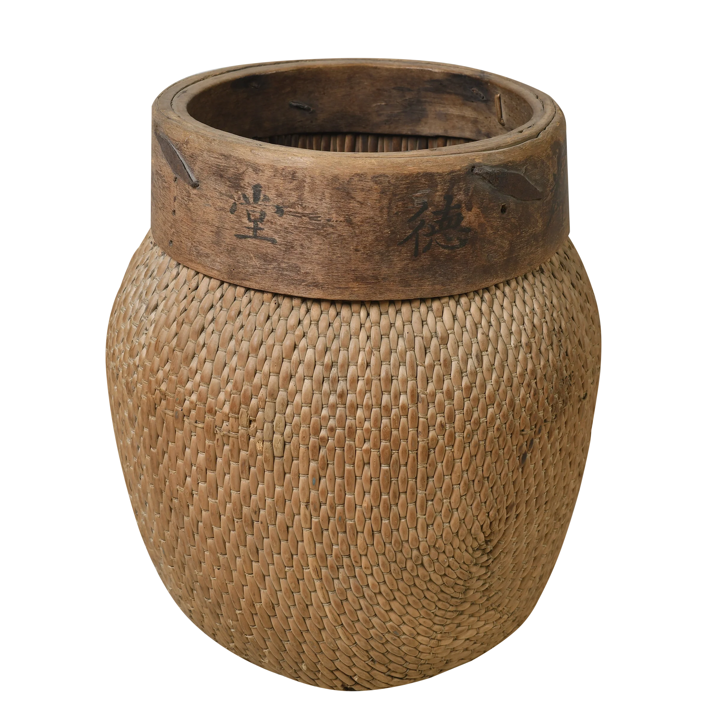 Antique fishing basket made from reed and willow with wooden rim and visible signs, China.