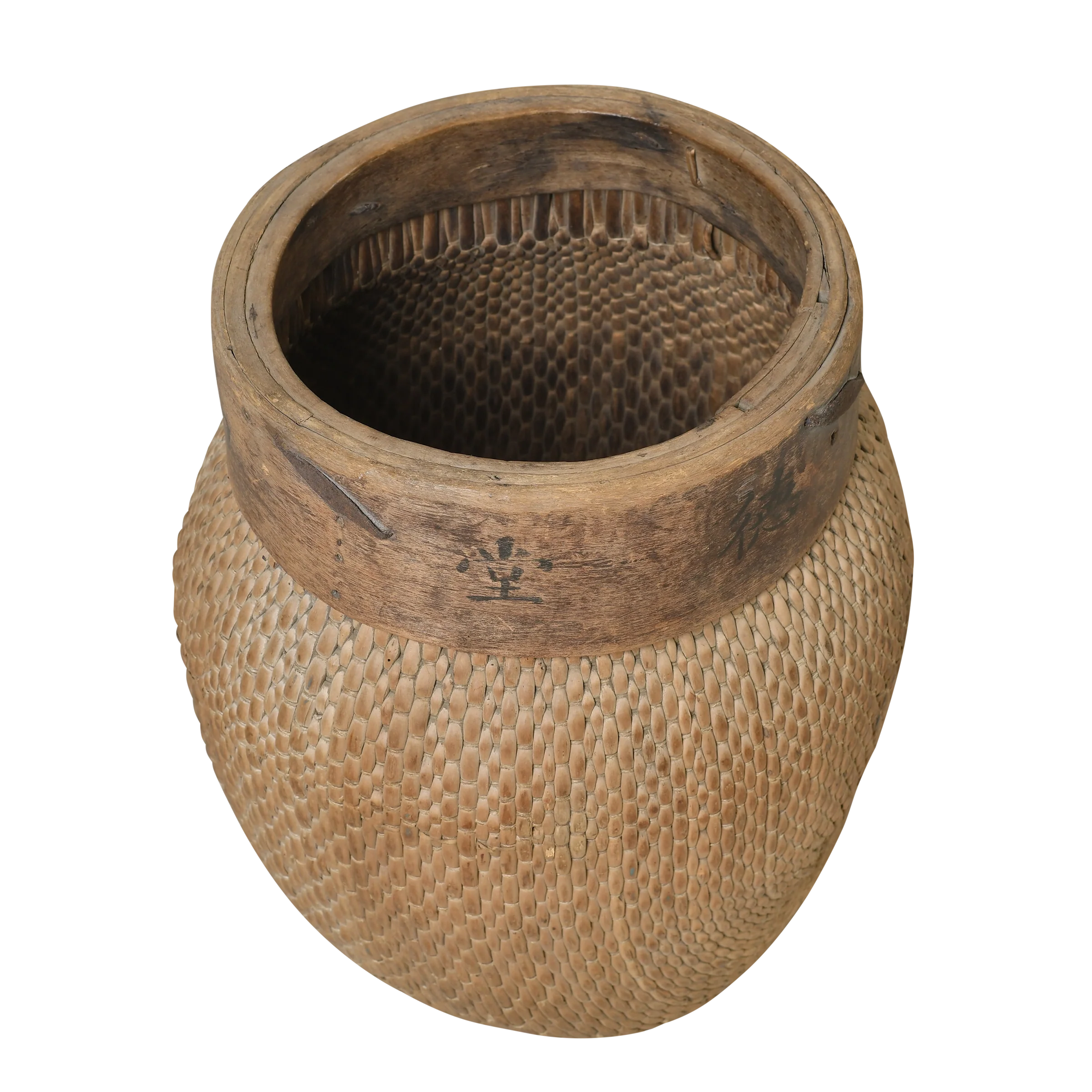 Antique fishing basket made from reed and willow with wooden rim and visible signs, China.