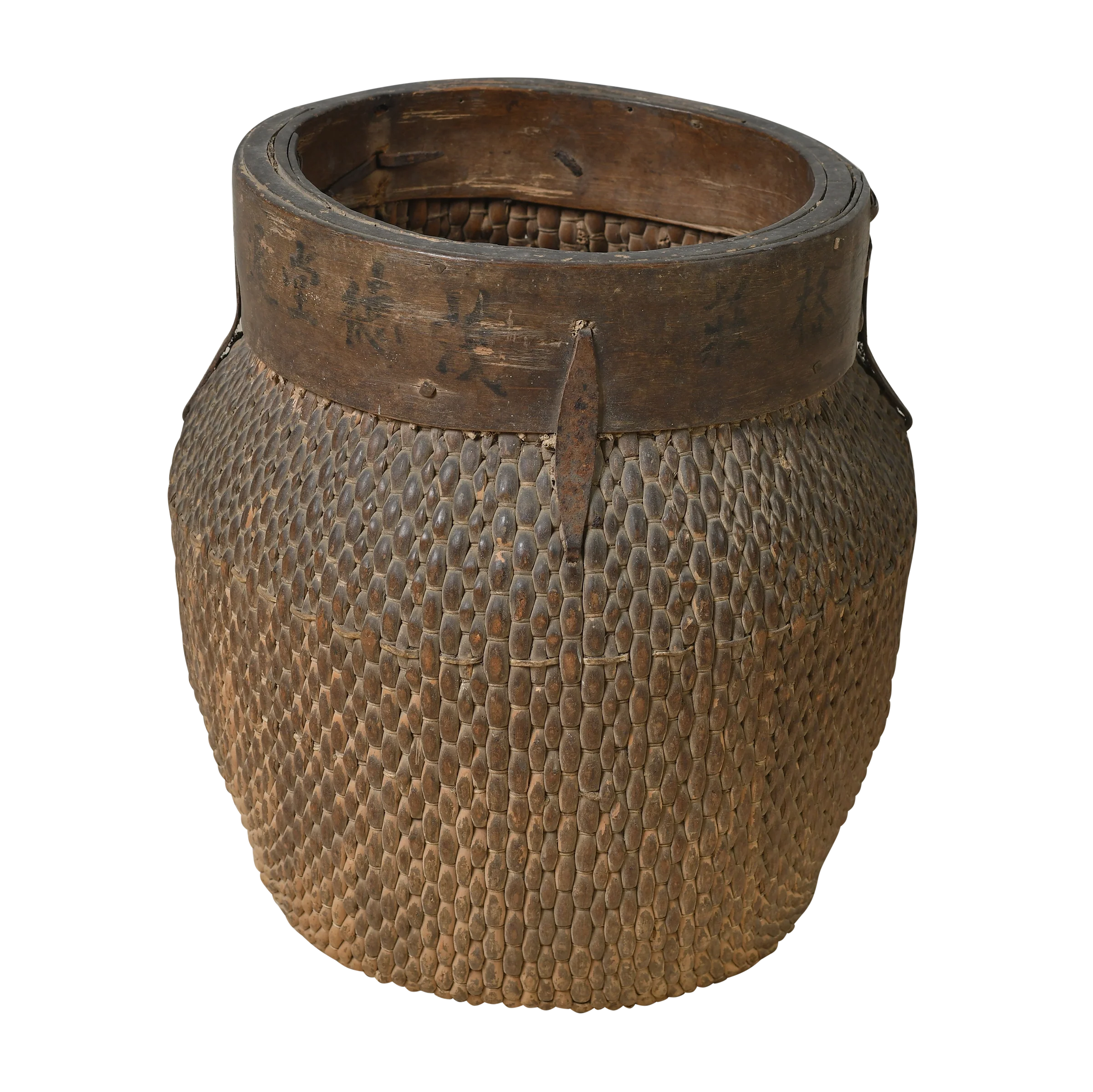 Antique fishing basket made from reed and willow with wooden rim and visible signs, China.