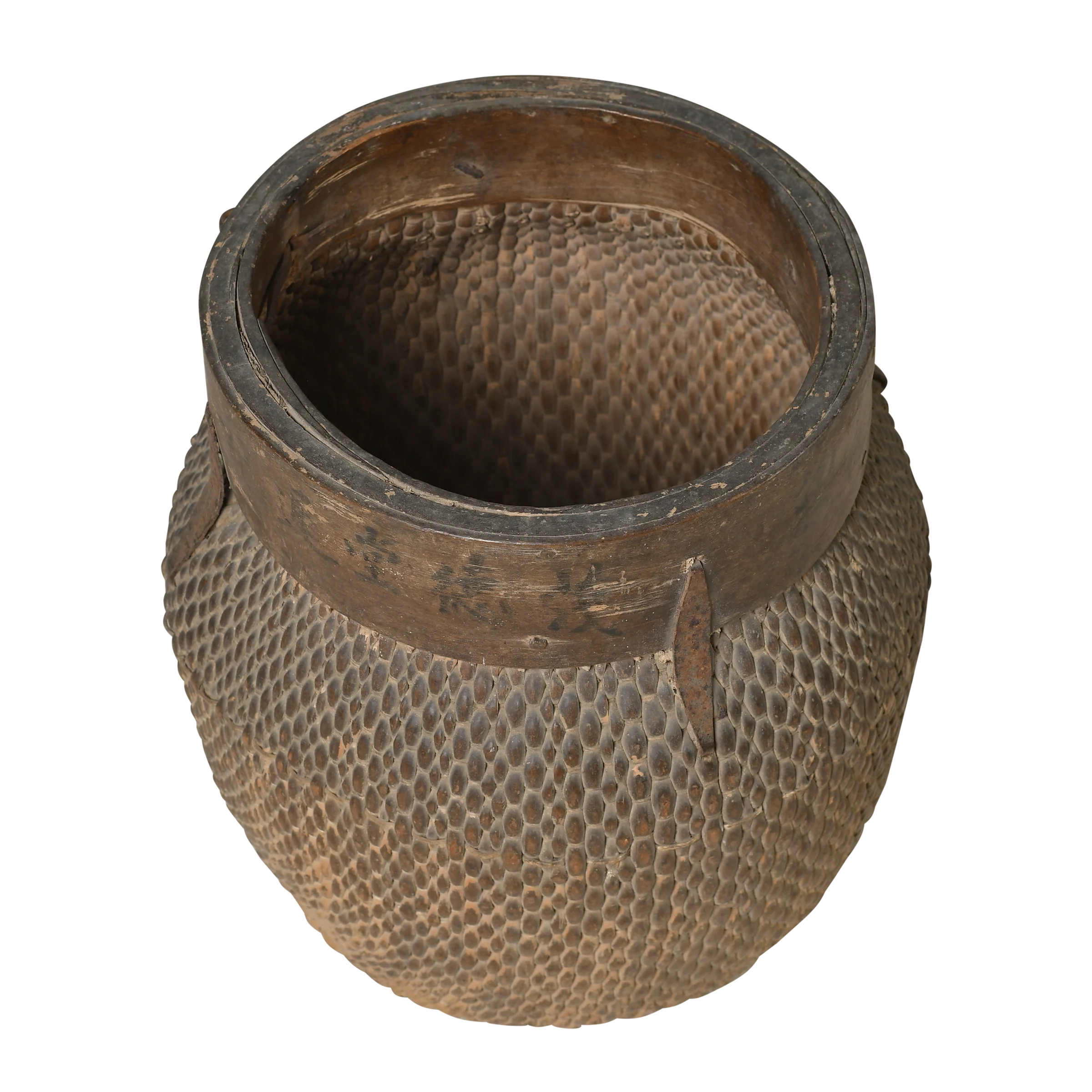 Antique fishing basket made from reed and willow with wooden rim and visible signs, China.