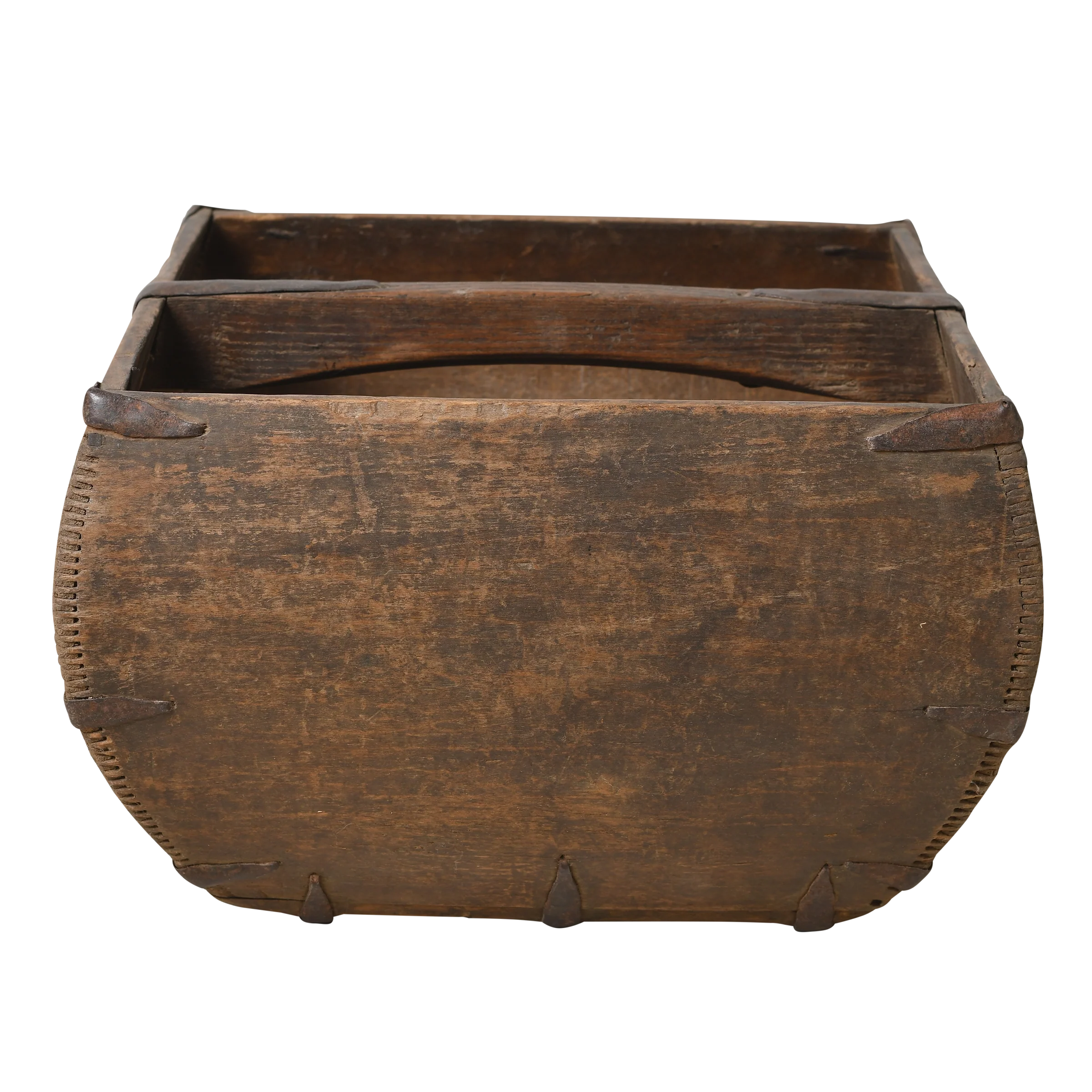 Antique wooden rice basket with metal brackets and aged surface, China.