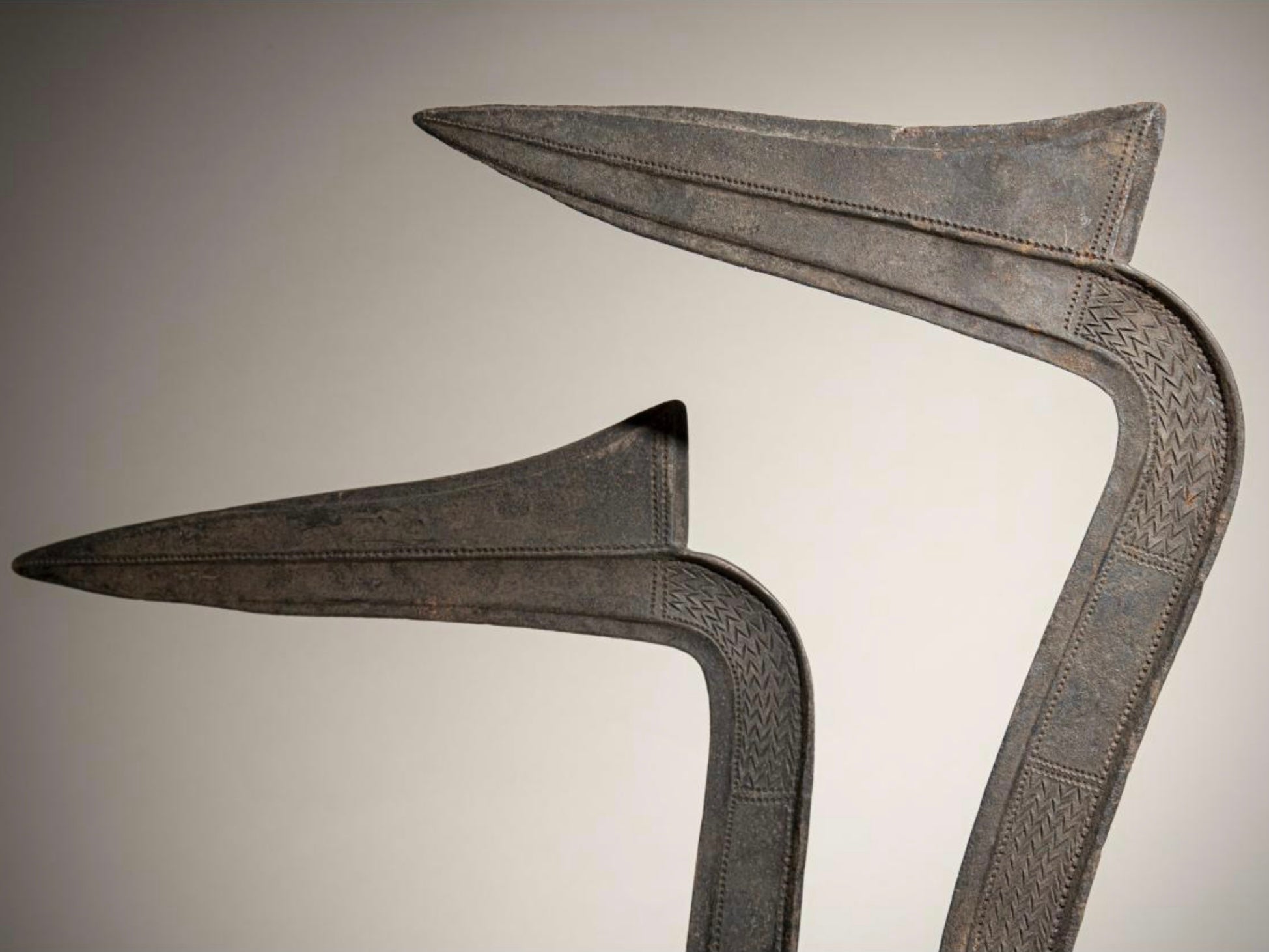 A pair of old metal Iboko scepters with wooden handles from the Democratic Republic of the Congo