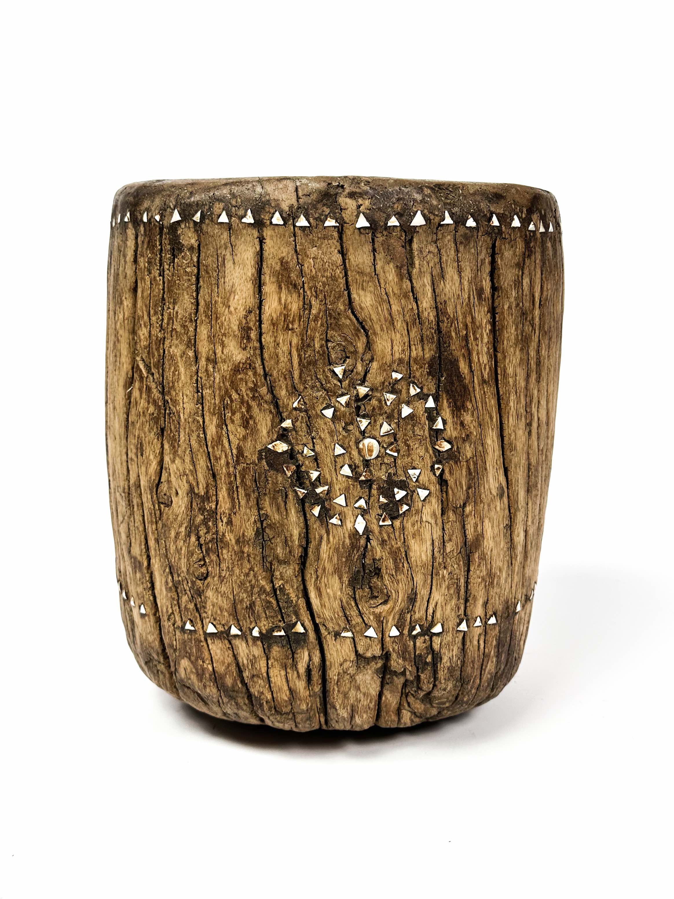 wooden vessel with shell inlay