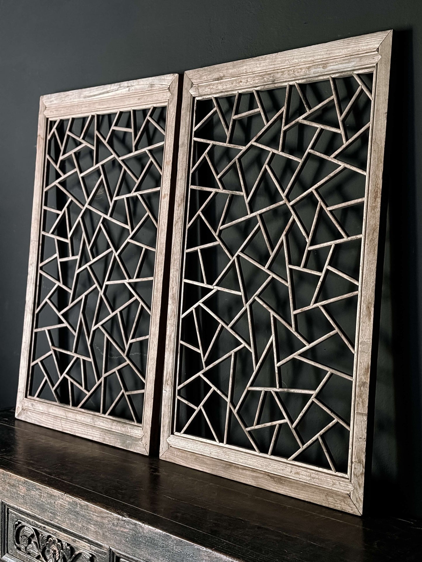pair of old wooden panels with ice pattern