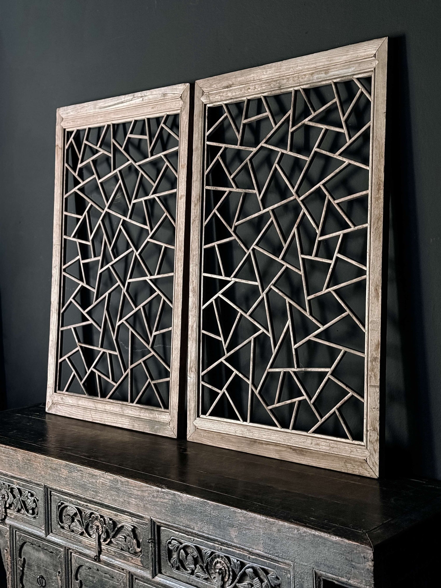pair of old wooden panels with ice pattern