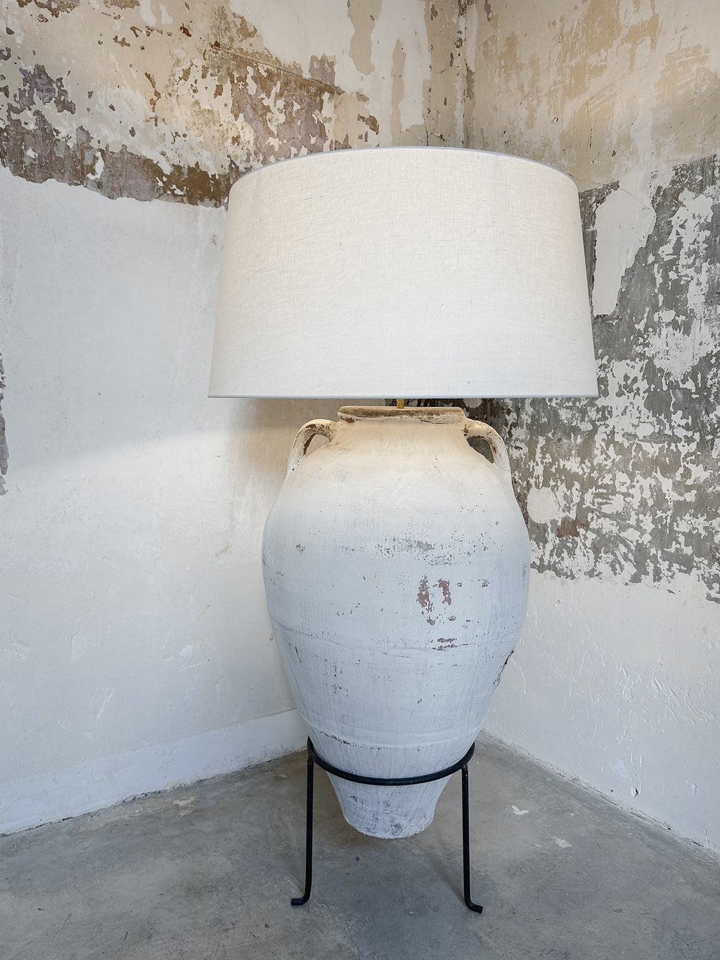 Bodenlampe antiker Oliventopf & Leinen #1