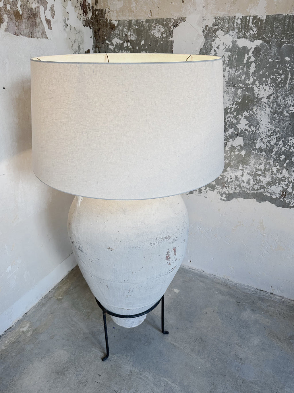 Bodenlampe antiker Oliventopf & Leinen #1