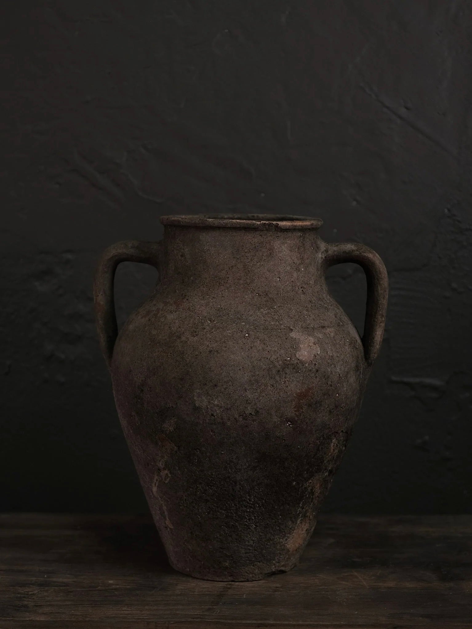 Wabi sabi pottery black clay vessel. Black ceramic vase. Old online big antique pitcher.