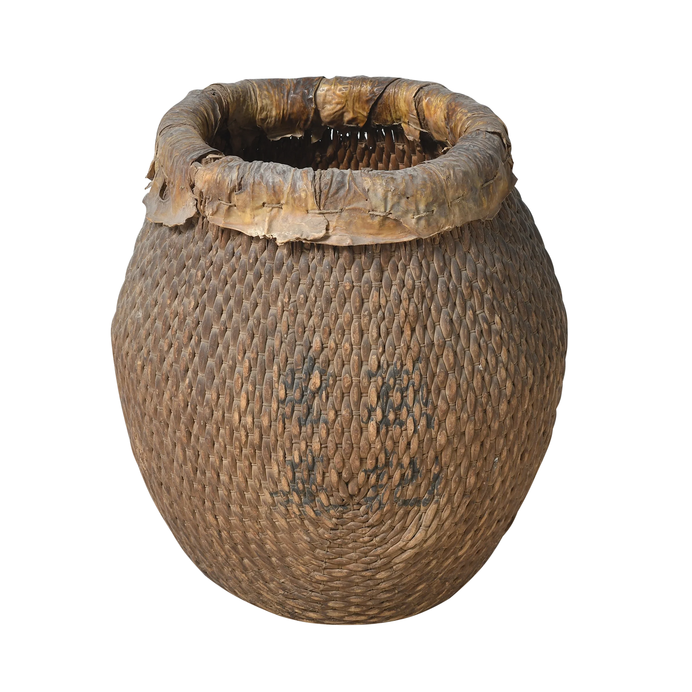 Antique round reed basket with dark patina and rolled rim, visible signs, China.