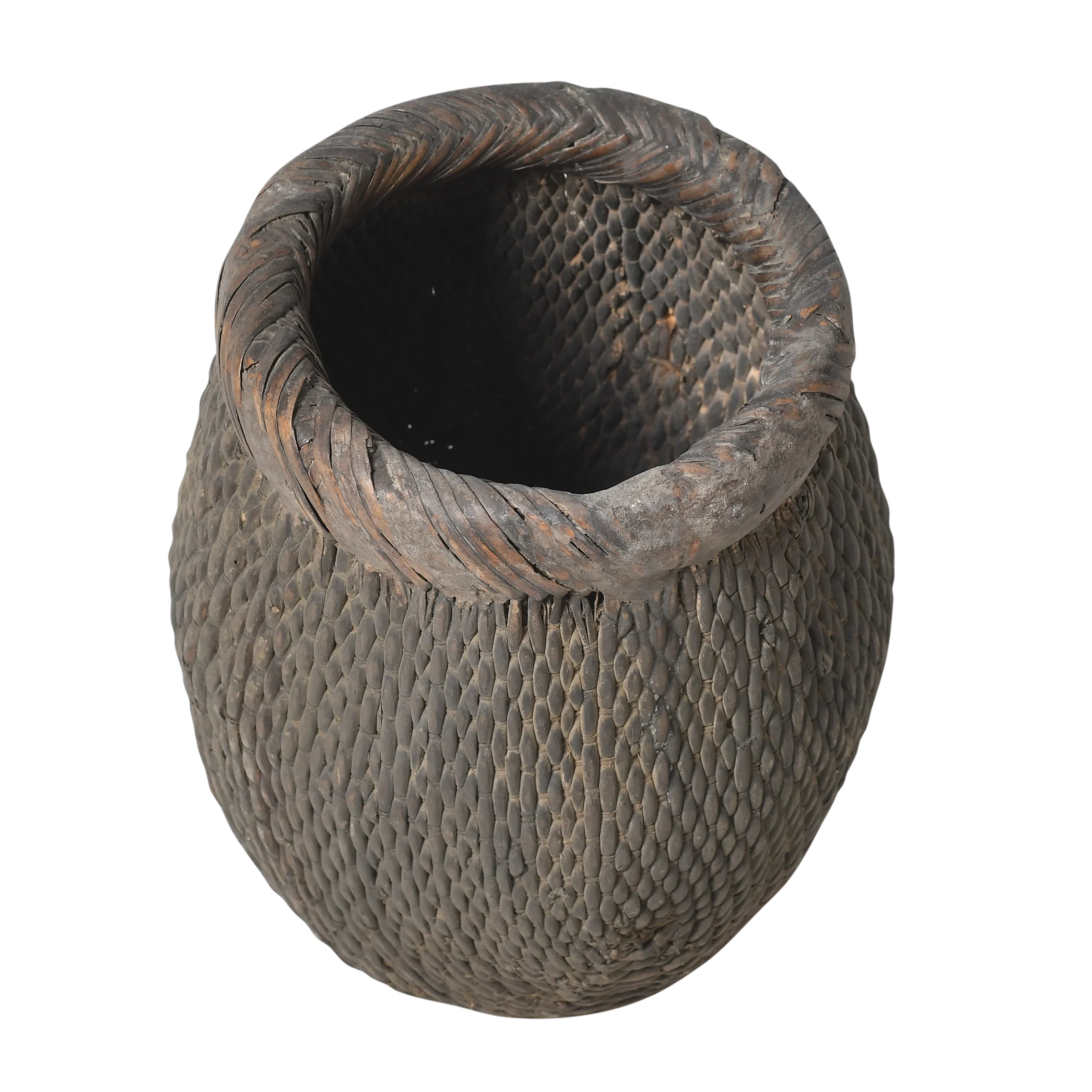 Antique round reed basket with dark patina and rolled rim, China.