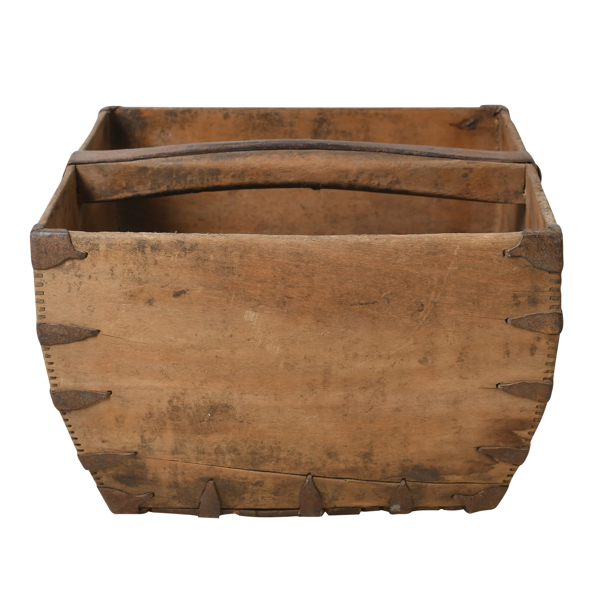 Antique wooden rice basket with metal brackets and aged surface, China.