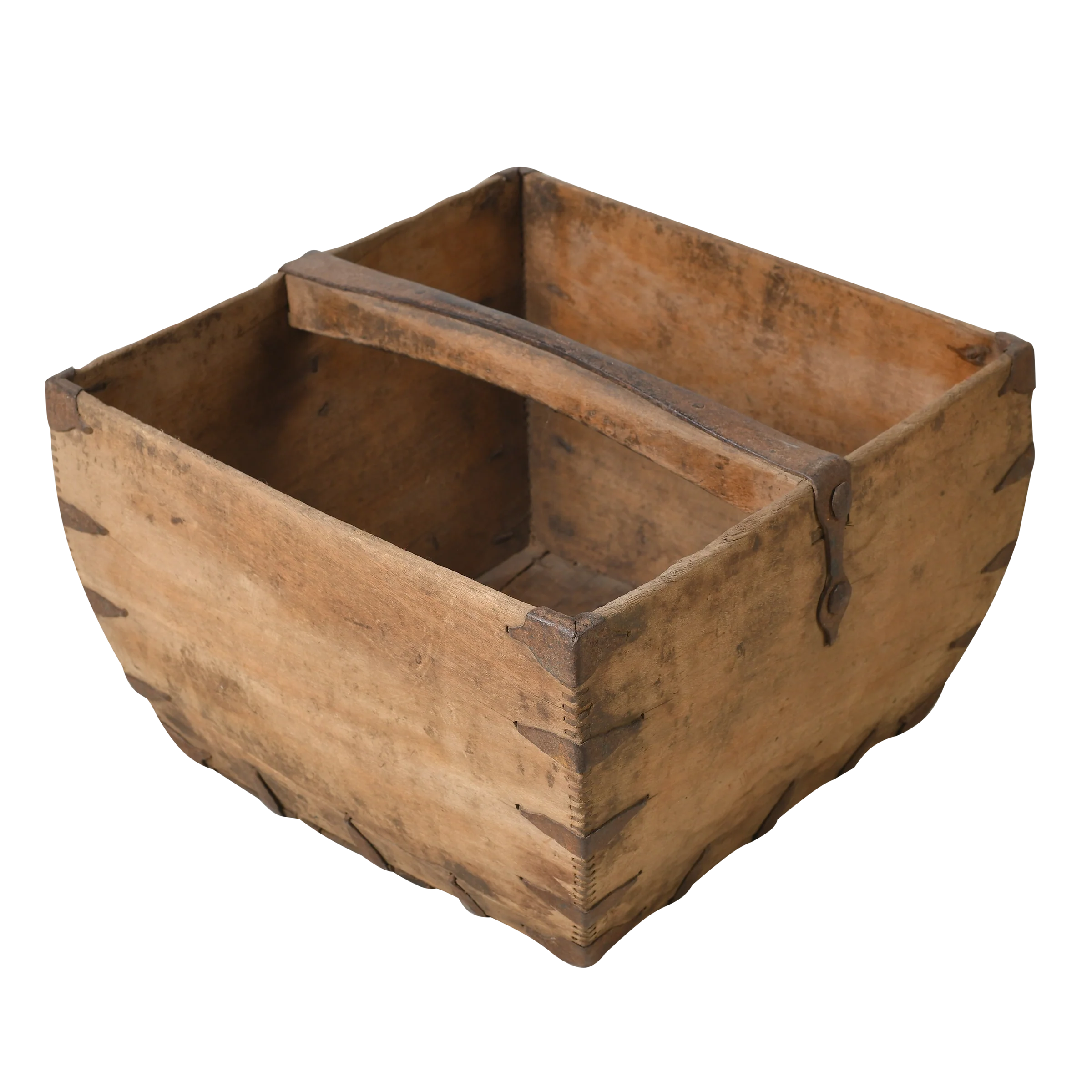 Antique wooden rice basket with metal brackets and aged surface, China.