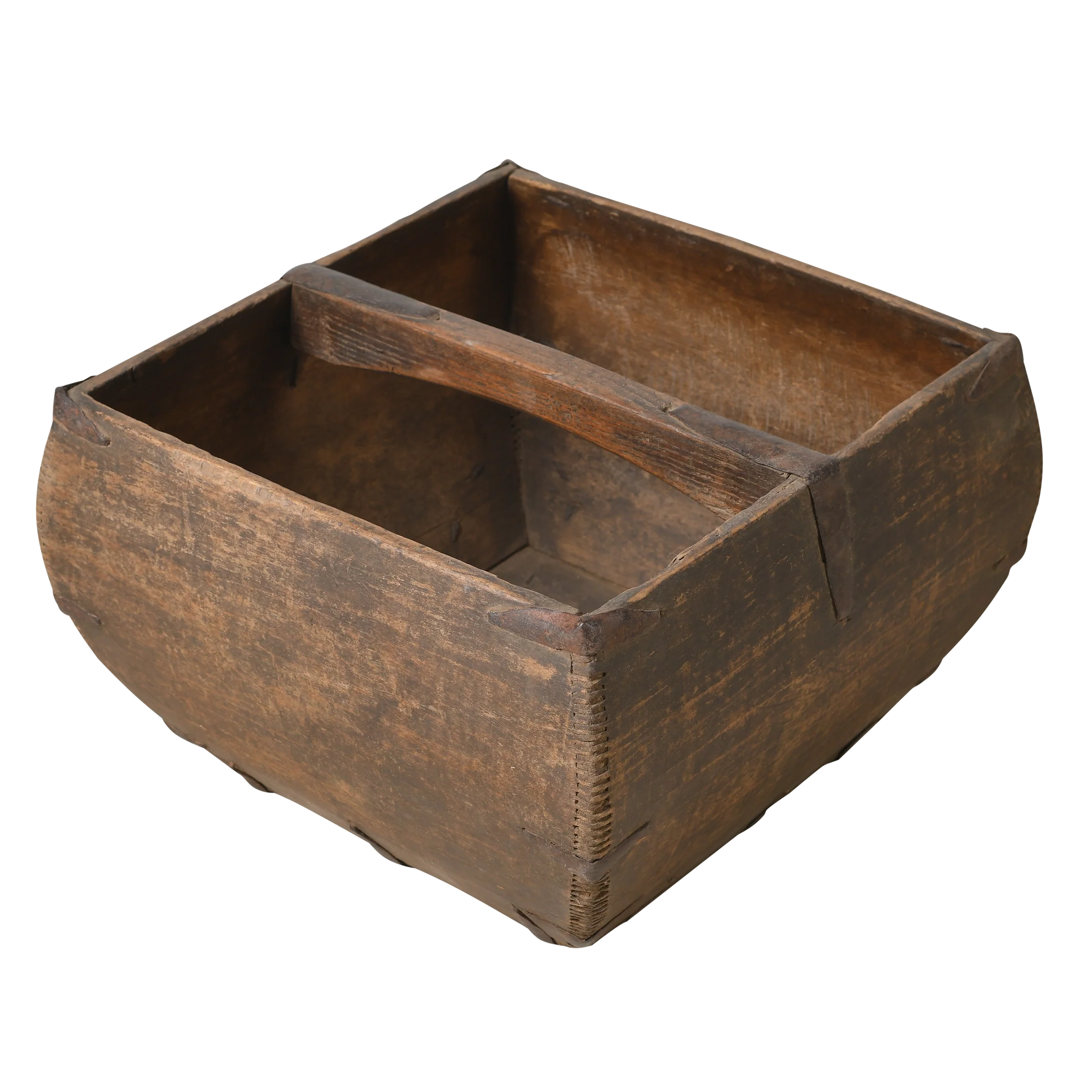 Antique wooden rice basket with metal brackets and aged surface, China.