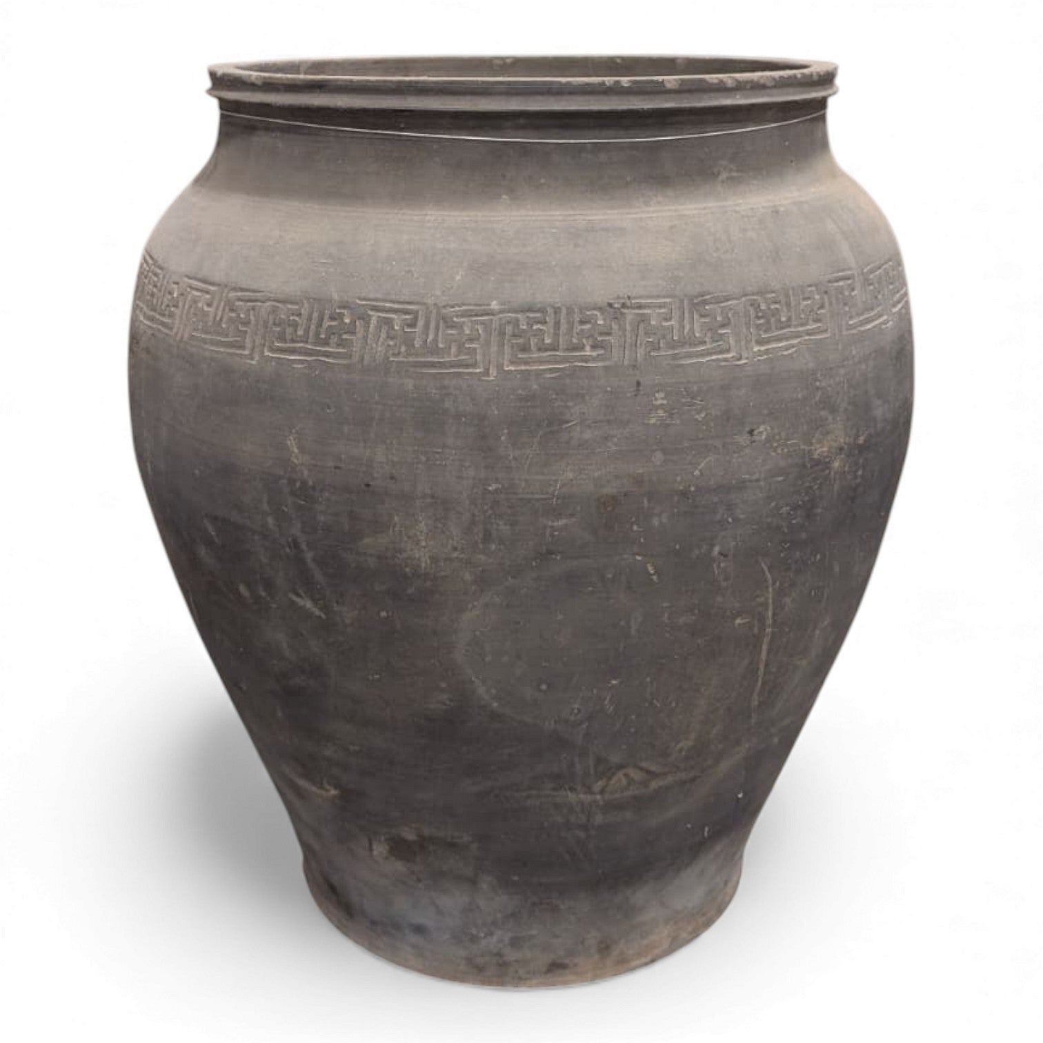 antique Chinese vessel in dark gray earthenware with a rounded body, narrow foot, and ornamental band below the rim