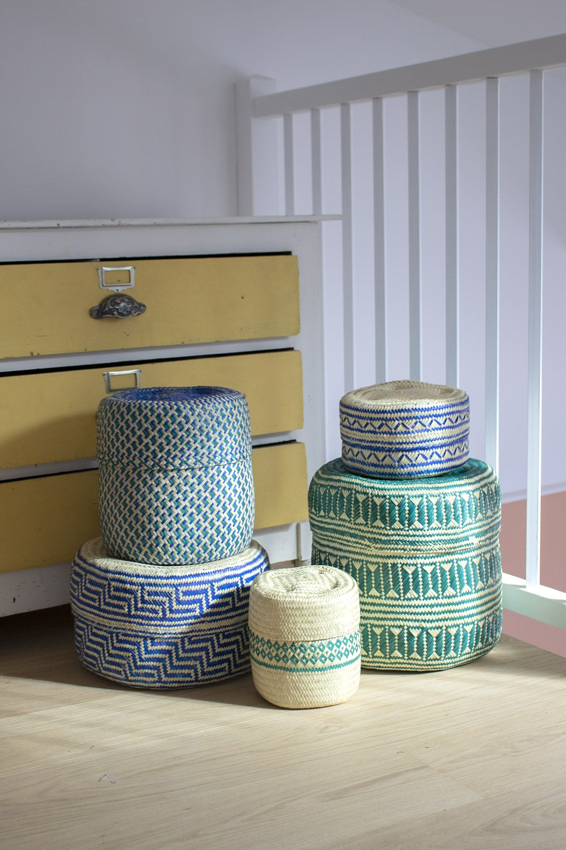 handwoven palm baskets, set of 5 blue-green