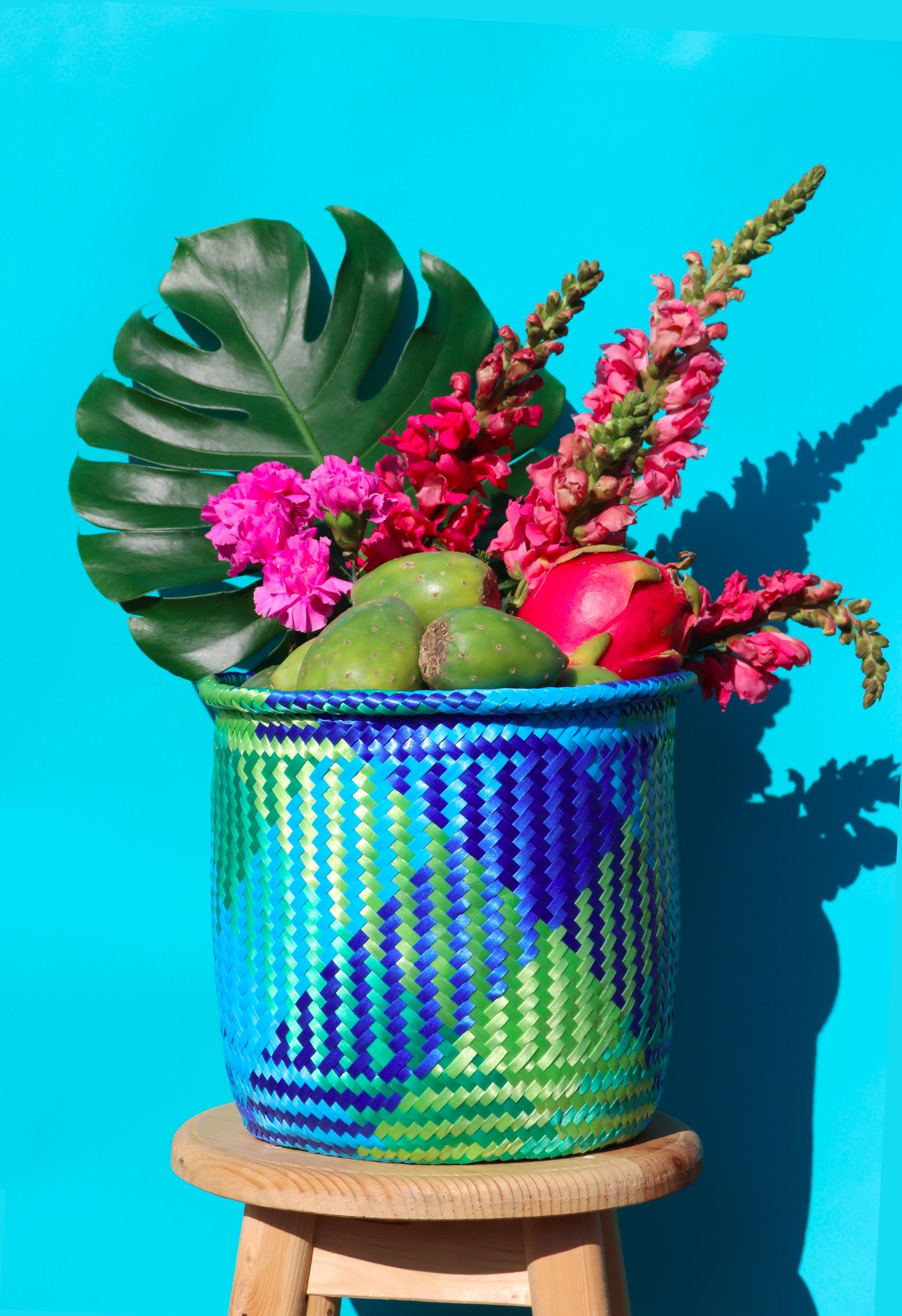 handwoven plastic basket blue-green