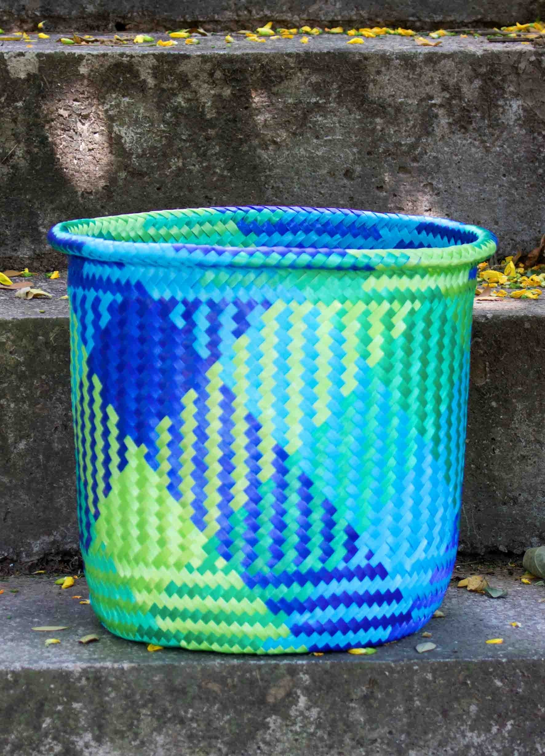 handwoven plastic basket blue-green