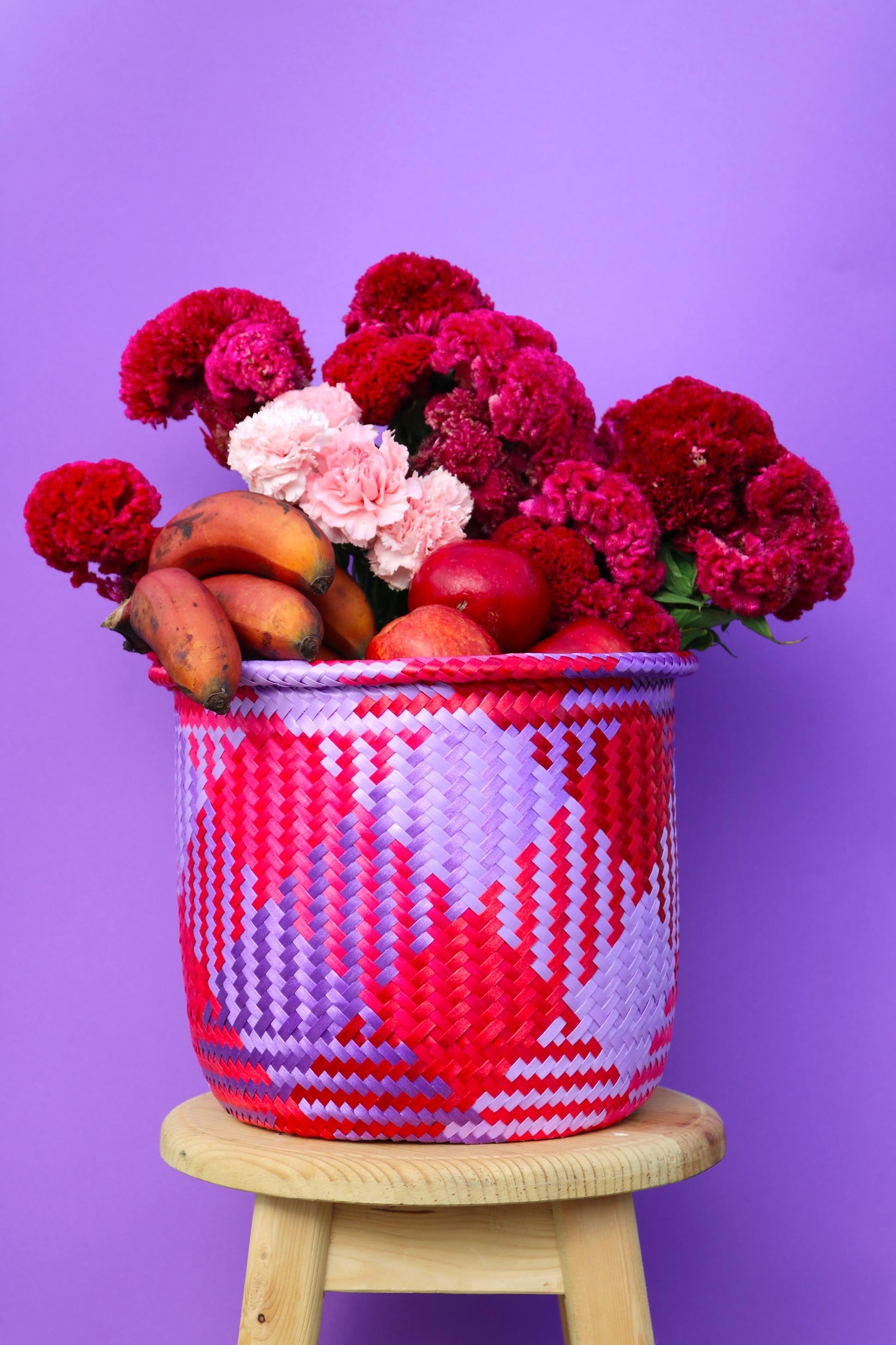 handwoven plastic basket red-purple