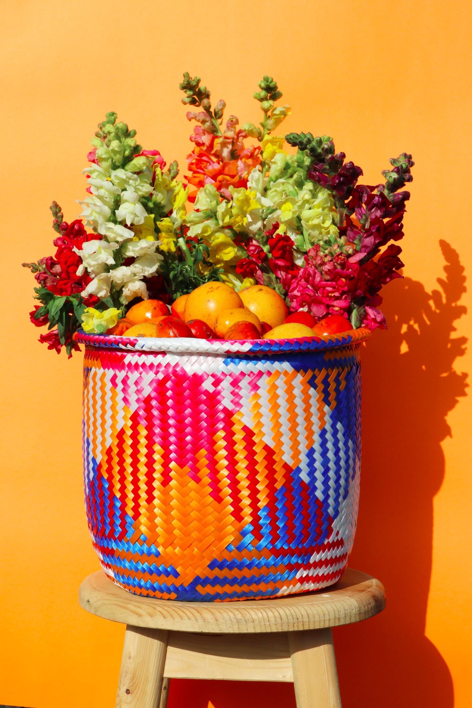 handwoven plastic basket red-blue-orange