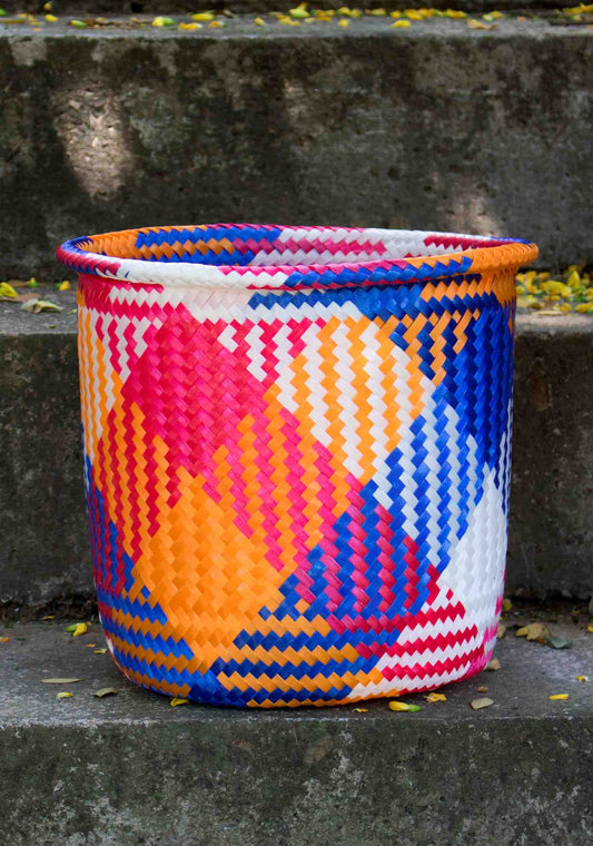 handwoven plastic basket red-blue-orange