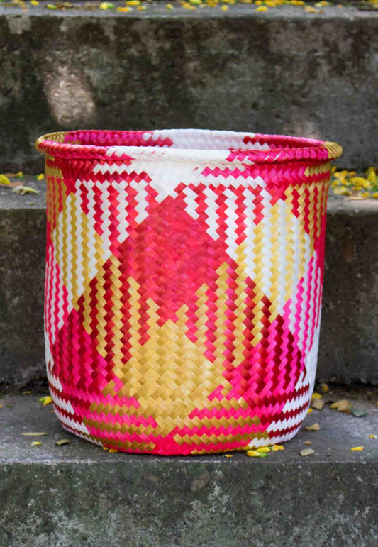 handwoven plastic basket red-gold-white