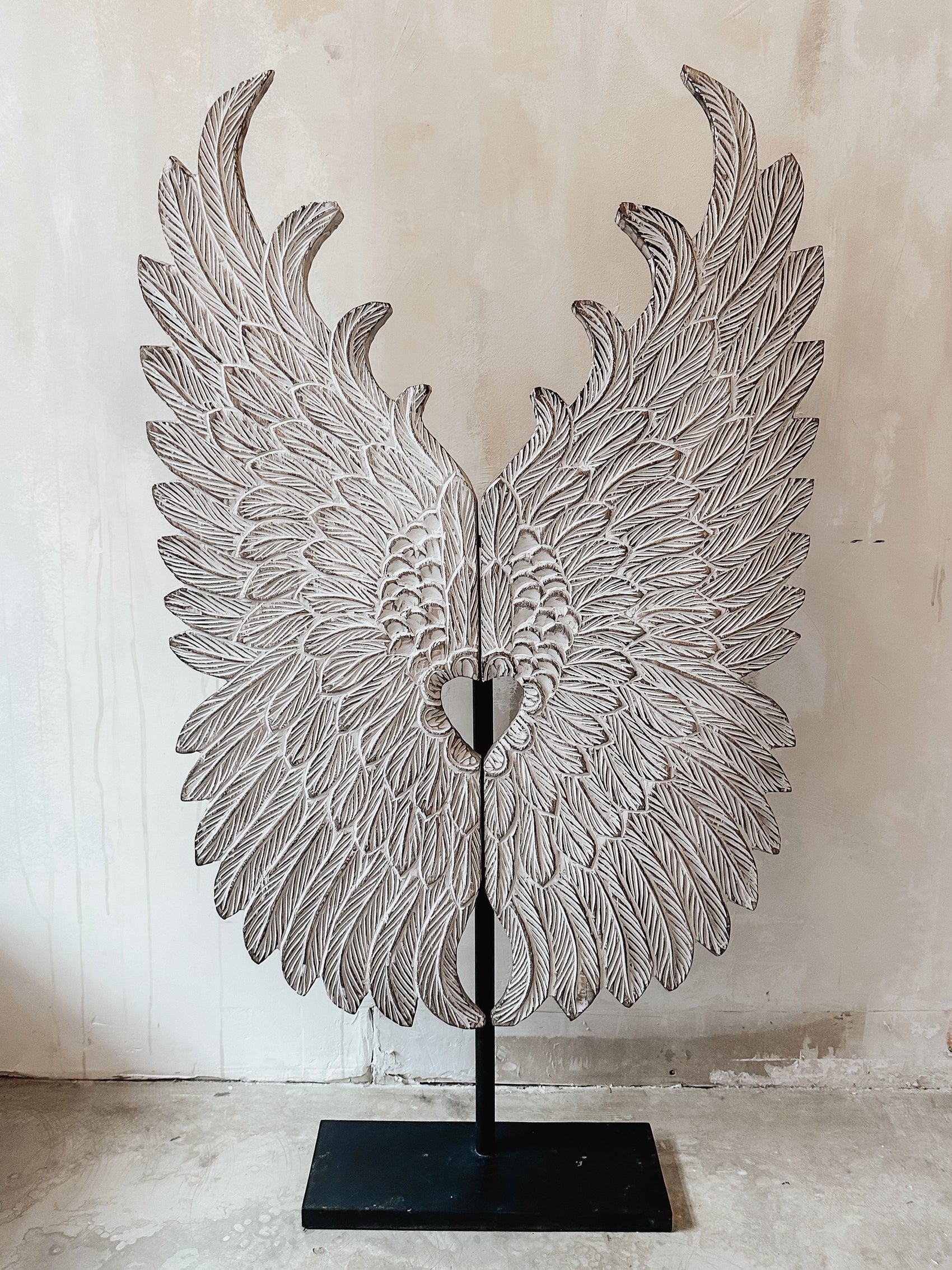 hand carved angel wings on metal stand XXL