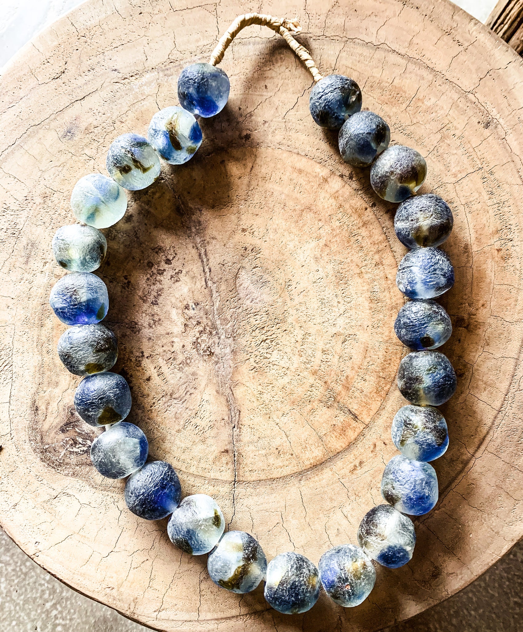 Necklace of recycled glass beads blue-brown or light green