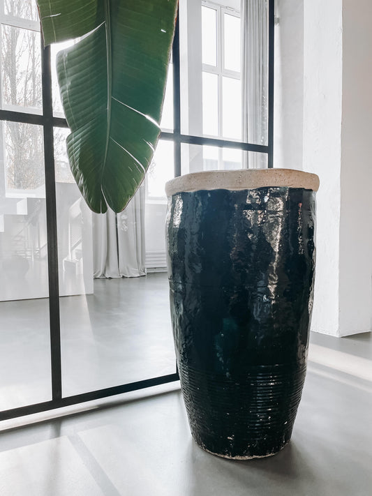 tall black glazed planter jar