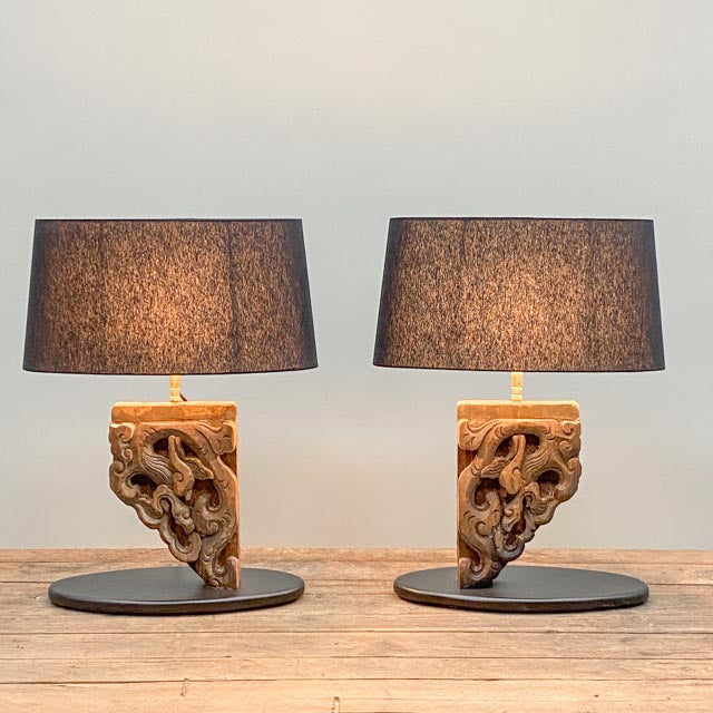 Pair of antique wood carving table lamps