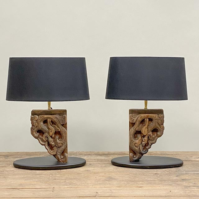 Pair of antique wood carving table lamps